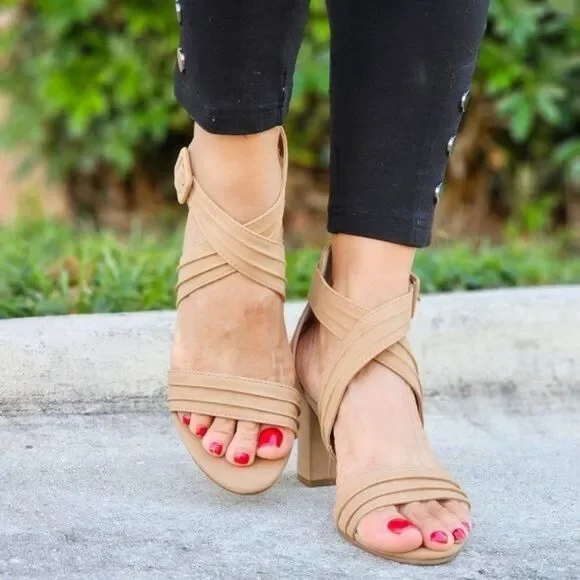 Women's Ankle Strap Block Heel Dress Sandals Natural Color - Picture 4 of 5